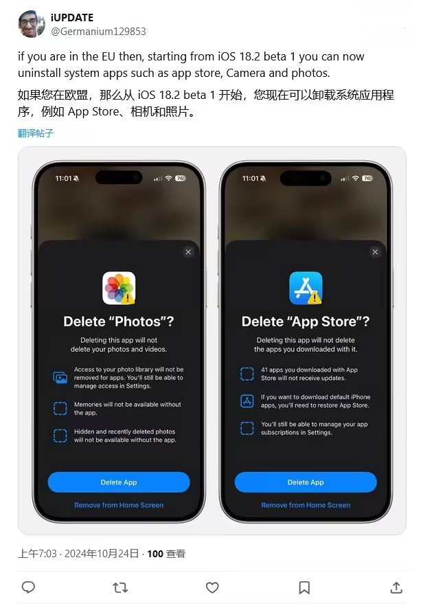 连云苹果手机维修分享iOS 18.2 支持删除 App Store 应用商店 